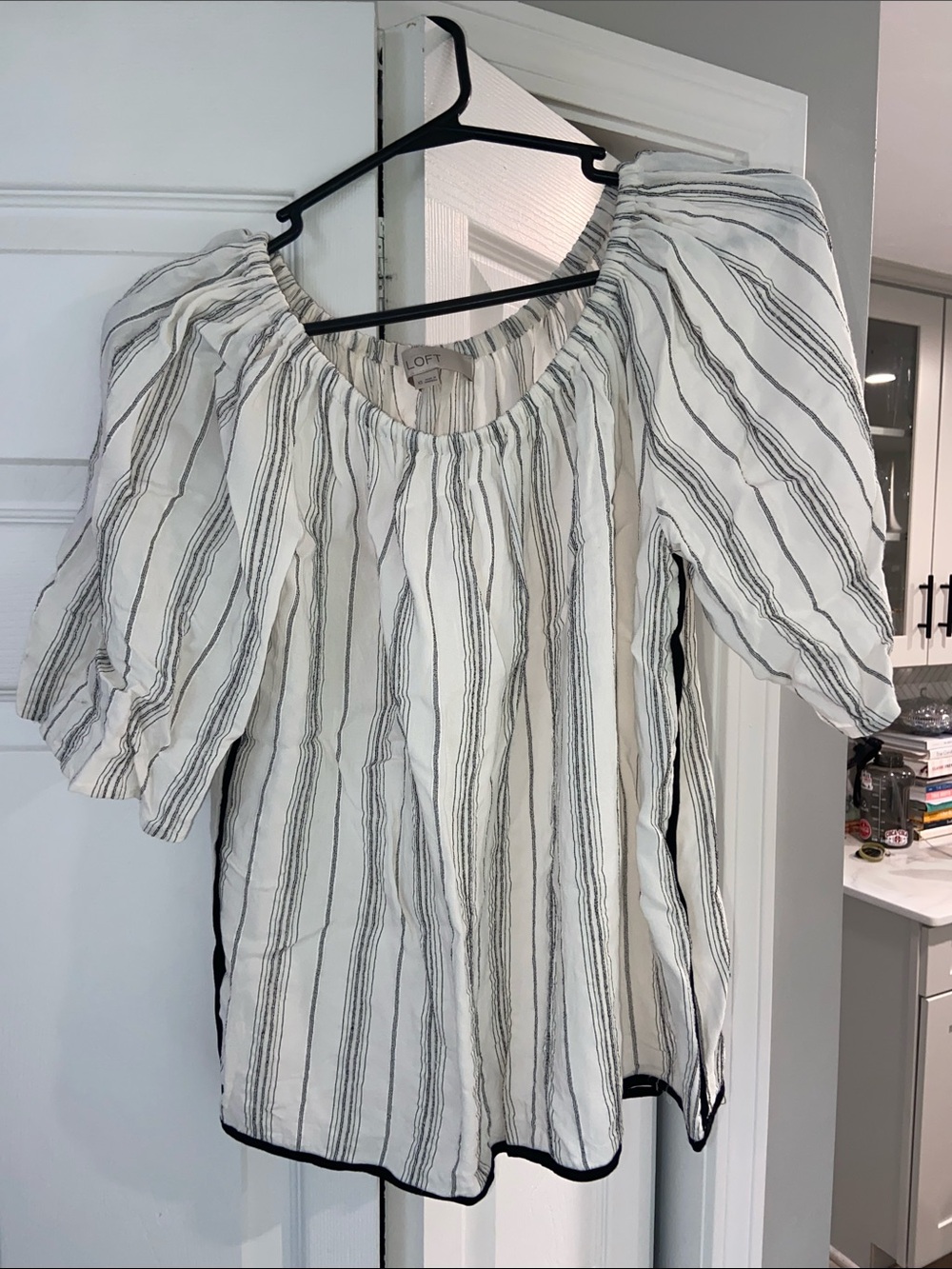 LOFT White Black-Striped Puff Sleeve Peasant Blouse
